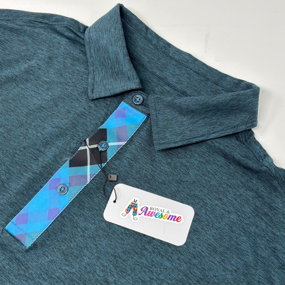 Royal & Awesome Polo Shirt Men XL Navy Tartan Performance Golf Stretch NWT NEW